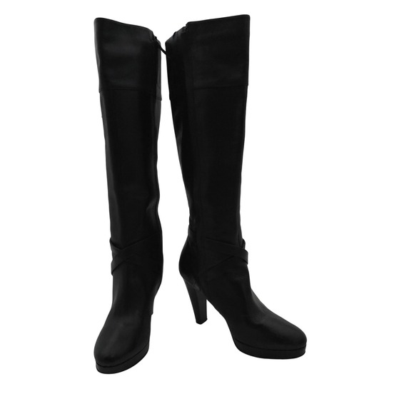 Cole Haan Black Leather Knee High Heeled‎ Boots Platform Size 7B - Picture 2 of 9